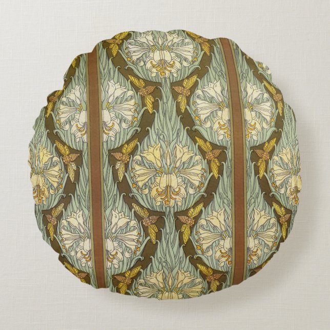 Sage Green Art Nouveau Lily Insect Pattern Round Cushion (Front)
