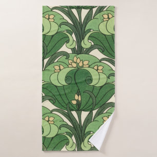 Sage Green Art Nouveau Lotus Floral Pattern Bath Towel Set
