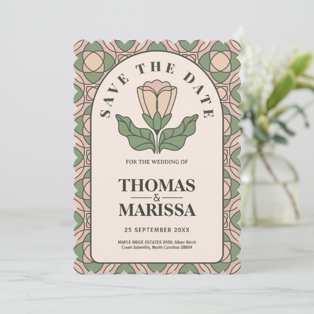 Sage Green Art Nouveau QR Code Save the Date (Standing Front)