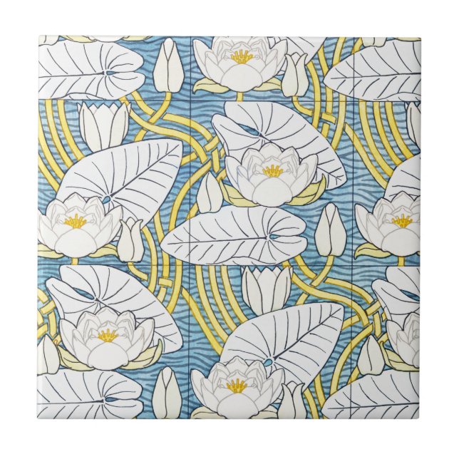Sage Green Art Nouveau Water Lily Pattern Ceramic Tile (Front)