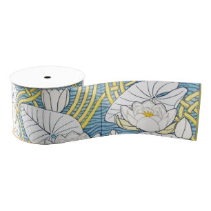 Sage Green Art Nouveau Water Lily Pattern Grosgrain Ribbon