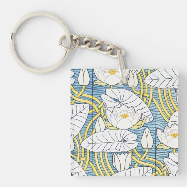 Sage Green Art Nouveau Water Lily Pattern Key Ring (Front)