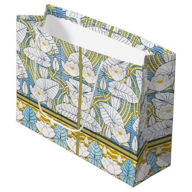Sage Green Art Nouveau Water Lily Pattern Large Gift Bag (Front Angled)