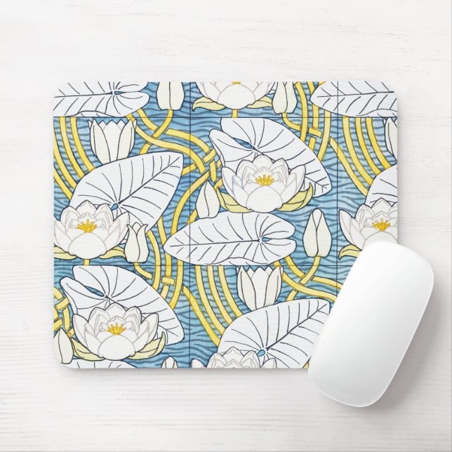 Sage Green Art Nouveau Water Lily Pattern Mouse Pad (With Mouse)