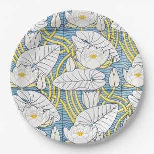 Sage Green Art Nouveau Water Lily Pattern Paper Plate