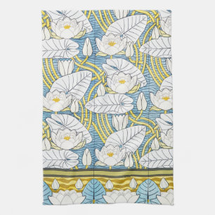 Sage Green Art Nouveau Water Lily Pattern Tea Towel