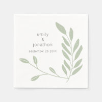 Sage Green Artsy Leaves Names Date Wedding Napkins