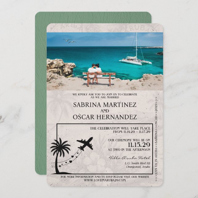 Sage Green Aruba Passport Wedding Invitation (Front/Back)