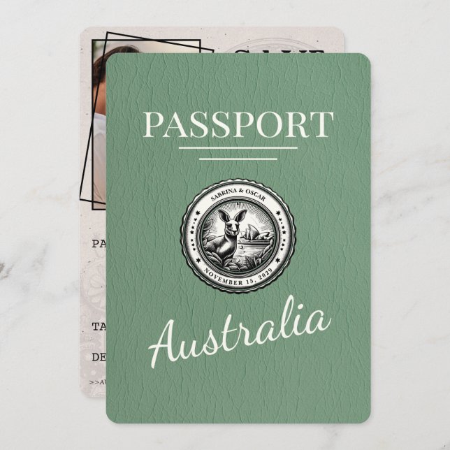 Sage Green Australia Passport Save The Date (Front/Back)