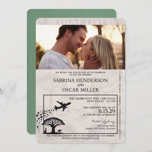 Sage Green Australia Passport Wedding Invitation (Front/Back)