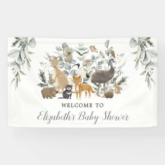 Sage Green Australian Animals Neutral Baby Welcome Banner (Horizontal)