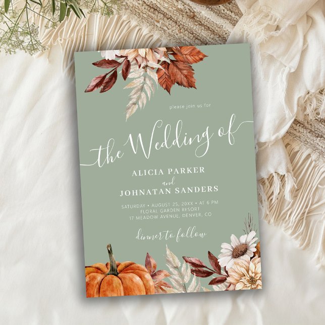 Sage green autumn fall boho botanical wedding invitation (Creator Uploaded)