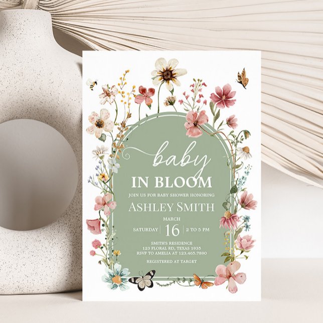 Sage Green Baby Bloom Baby Shower Invitation (Gender Neutral Wildflower Baby Shower Invitation)