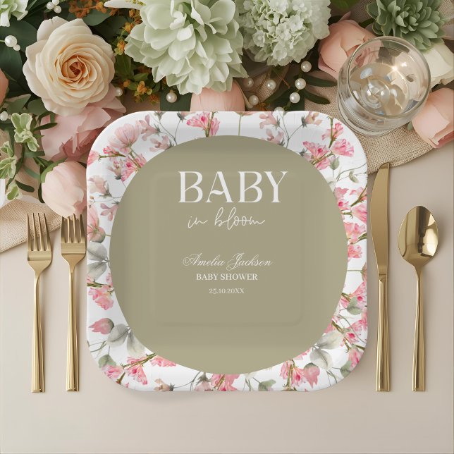 Sage Green Baby Bloom Baby Shower Invitation Paper Plate (Creator Uploaded)