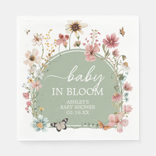 Sage Green Baby Bloom Baby Shower Napkin (Front)