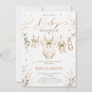 Sage Green Baby Clothesline Botanical Baby Shower Invitation