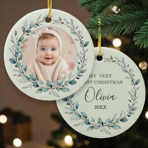 Sage Green Baby First Christmas Photo Ceramic Ornament