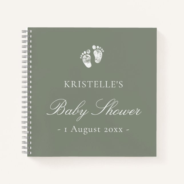 Sage Green Baby Footprint Baby Shower Guest Book (Front)