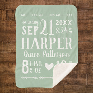 Sage Green Baby Girl Birth Stats   Editable Colour Sherpa Blanket