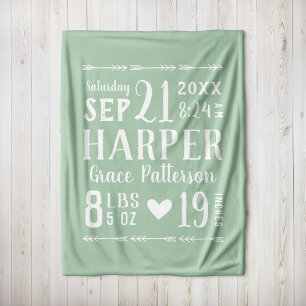 Sage Green Baby Girl Birth Stats Keepsake Fleece Blanket