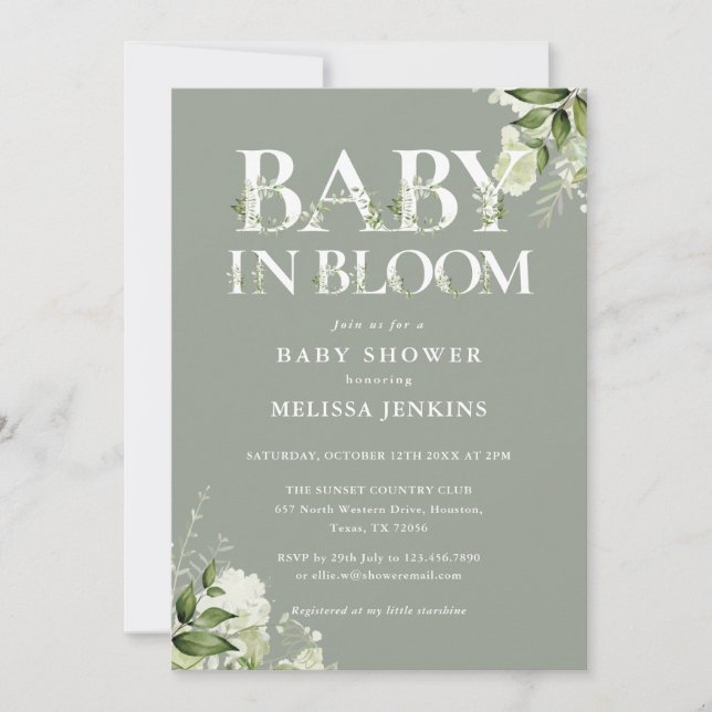 Sage Green Baby In Bloom Floral Photo Baby Shower Invitation (Front)