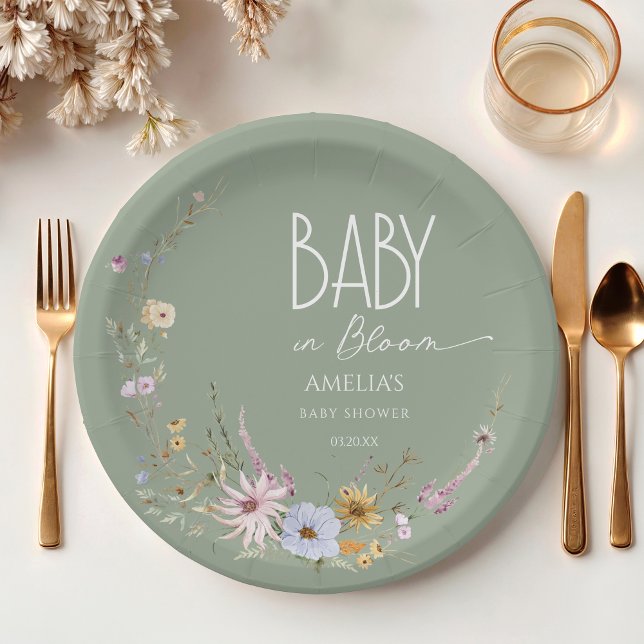 Sage Green Baby in Bloom Paper Plate (Creator Uploaded)