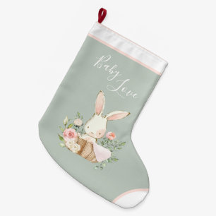 Sage Green Baby Love Script Elegant Baby  Large Christmas Stocking