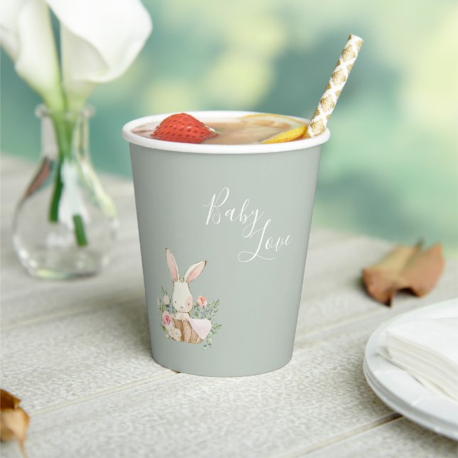 Sage Green Baby Love Script Elegant Baby Shower Paper Cups (Insitu)