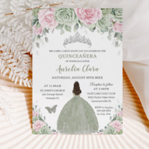 Sage Green Baby Pink Floral Silver Quinceañera Invitation