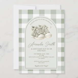 Sage Green Baby Shoes Gingham Boy Baby Shower Invitation
