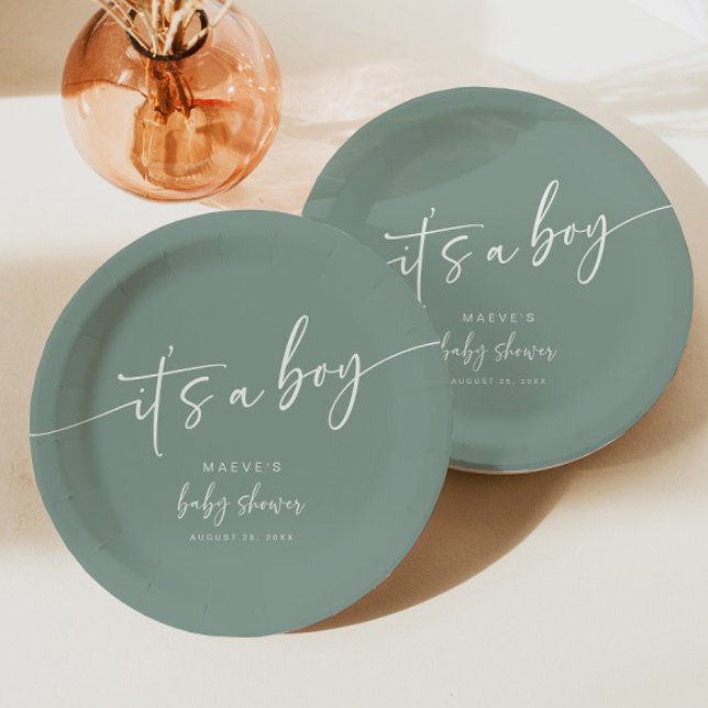 Sage Green Baby Shower Paper Plate Modern Boy (Creator Uploaded)