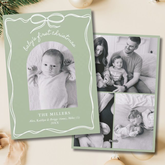 Sage Green Baby's 1st Christmas Bow Family Photo Holiday Card (Sage Green Baby's 1st Christmas Family Photo)