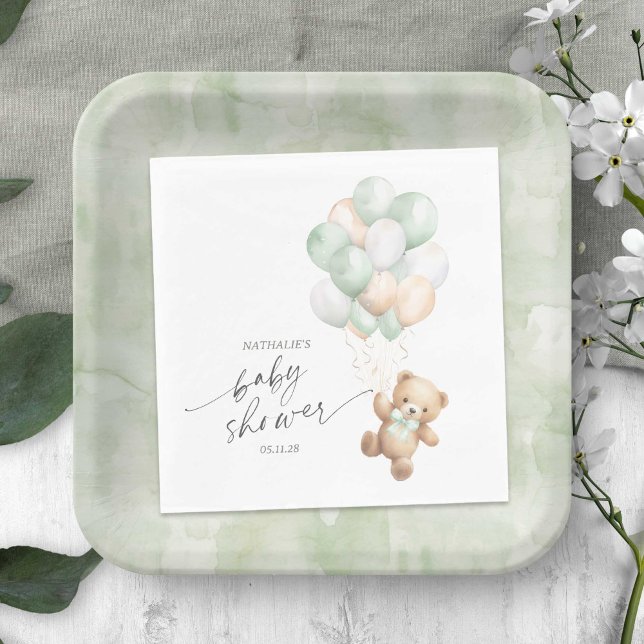 Sage Green Balloons, Bearly wait Gender Neutral  Napkin (Sage Green We Can Bearly Wait, Teddy Bear Themed Baby Boy Shower Napkin.)