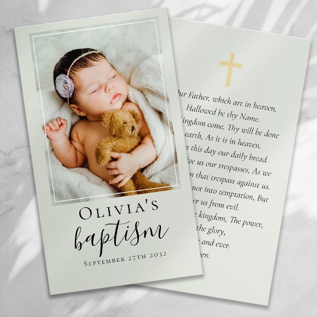 Sage Green Baptism Photo Keepsake Prayer Card (Creator Uploaded)