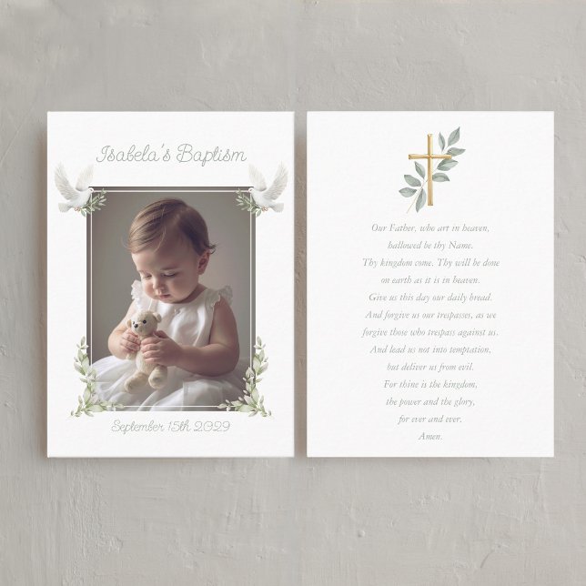 Sage Green Baptism Photo Lord's Prayer Card (Baptism Lord's prayer Card with Photo)
