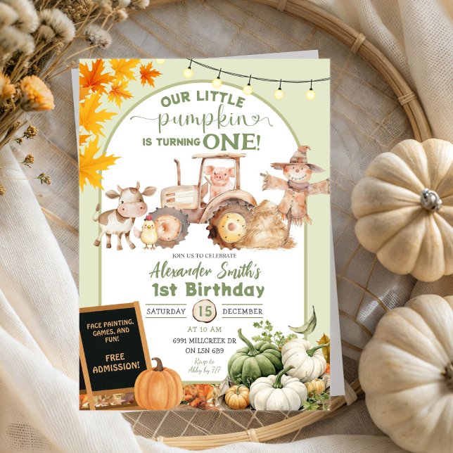Sage Green Barn Animals Little Pumpkin Birthday Invitation (Creator Uploaded)