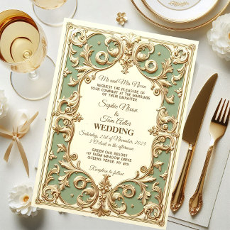 Sage Green Baroque Grandeur Floral Motif Faux Gold Invitation