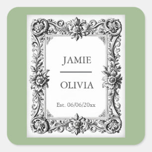 SAGE GREEN Baroque vintage Wedding  – Custom Text Square Sticker