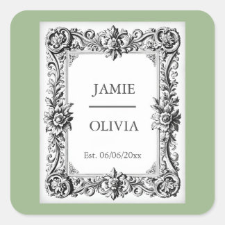SAGE GREEN Baroque vintage Wedding – Custom Text Square Sticker