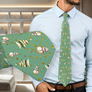 Sage Green Beach Christmas Snowman Pattern Tie