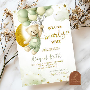 Sage Green Bear and balloon Boy Baby Shower Invitation