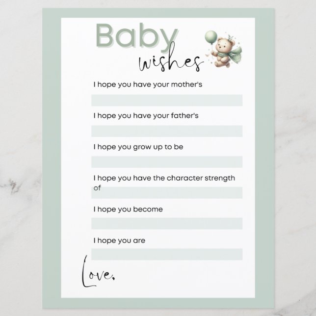Sage Green Bear Baby Wishes Baby Shower Game (Front)