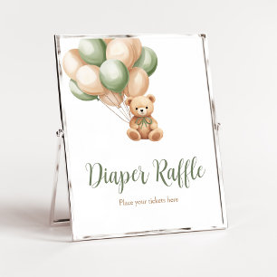Sage Green Bear Balloon Baby Shower Diaper Raffle Poster