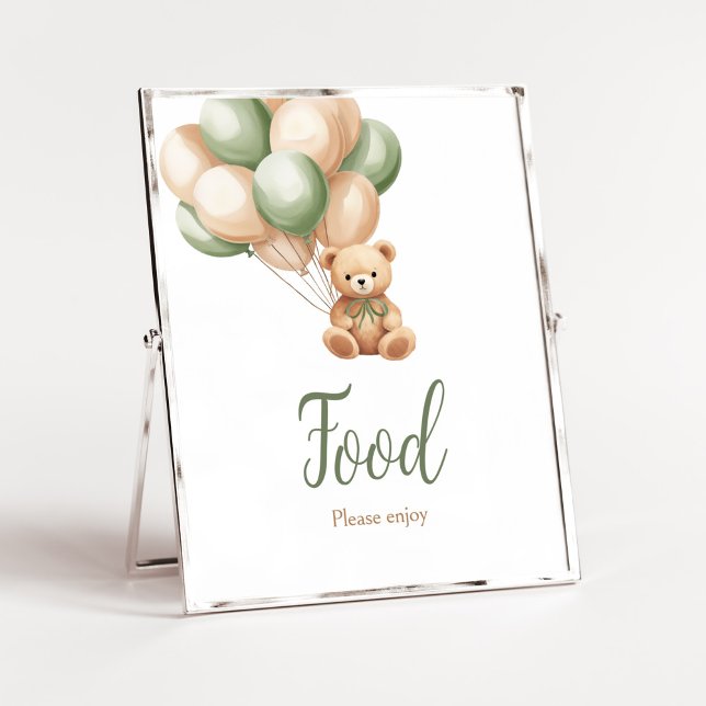 Sage Green Bear Balloon Baby Shower Food Poster (Green Boho Bear Baby Shower Food Sign)