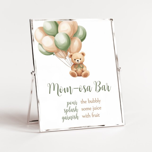 Sage Green Bear Balloon Baby Shower Mum Osa Bar Poster (Green Boho Bear Baby Shower Mom Osa Bar Sign)