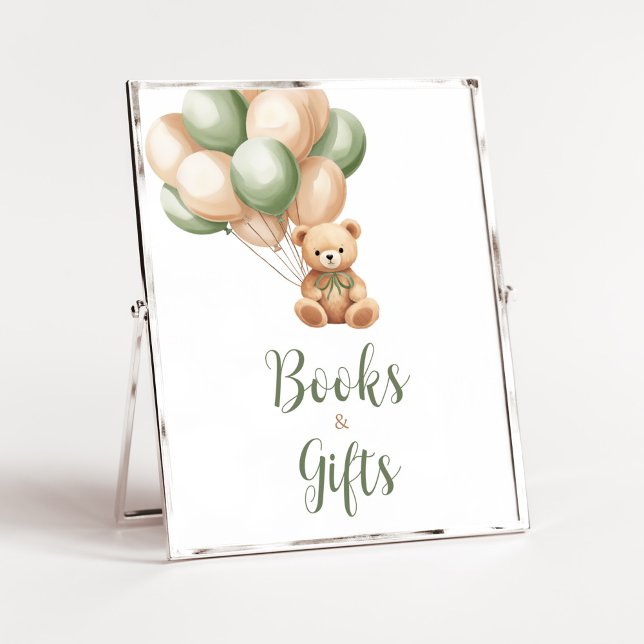 Sage Green Bear Balloon Books and Gifts Poster (Green Boho Bear Baby Shower Books and Gifts Sign)