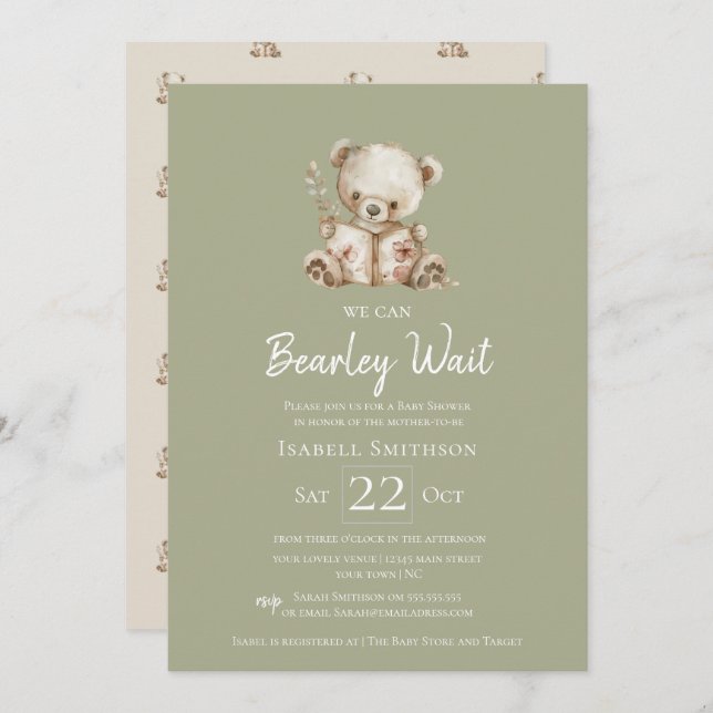 Sage Green Bearly Wait Storybook Bear Baby Shower  Invitation (Front/Back)
