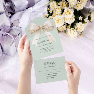Sage green beige cream bow birthday party rsvp all in one invitation