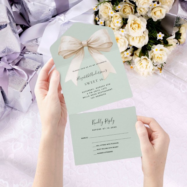 Sage green beige cream bow Sweet 16 rsvp All In One Invitation (Creator Uploaded)