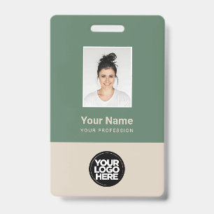 Sage Green Beige Employee Photo Logo Name ID Badge